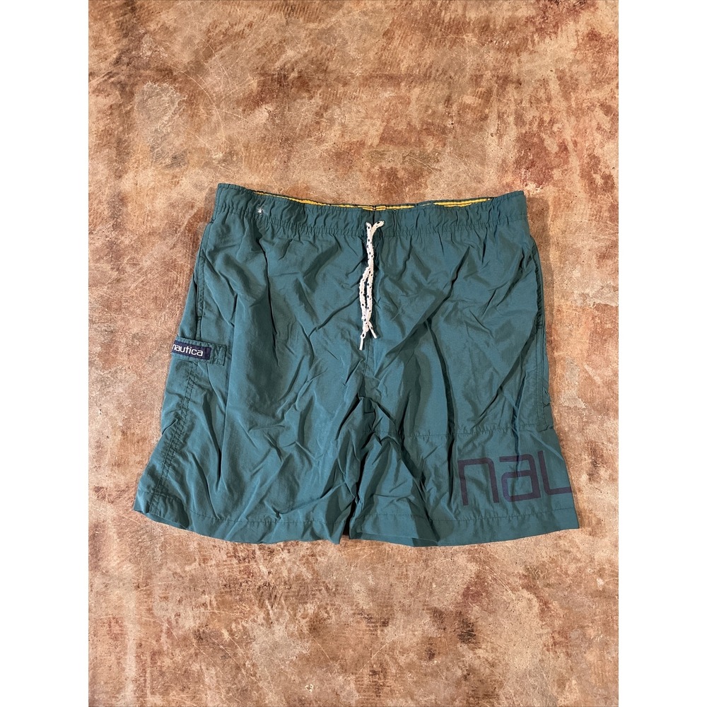 Vintage Nautica‎ Boys S 8-10 Solid Green Nylon Mesh Lined Swim Trunks Logo